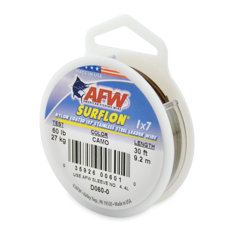 AFW American Fishing Wire Surflon, Nylon Coated 1x7 Stainless Steel Leader Wire, 60 lb Test, .032" Diameter, Camo, 30 ft - Image 1